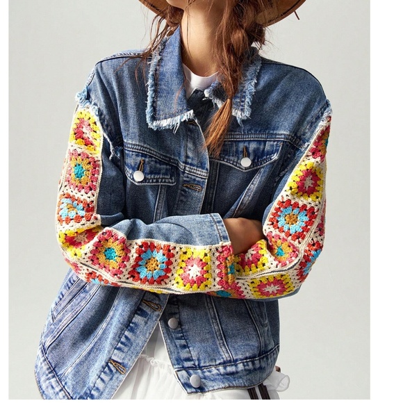 Boho Medium Wash Floral Crochet Sleeve Oversized Jean Jacket - Picture 6 of 7